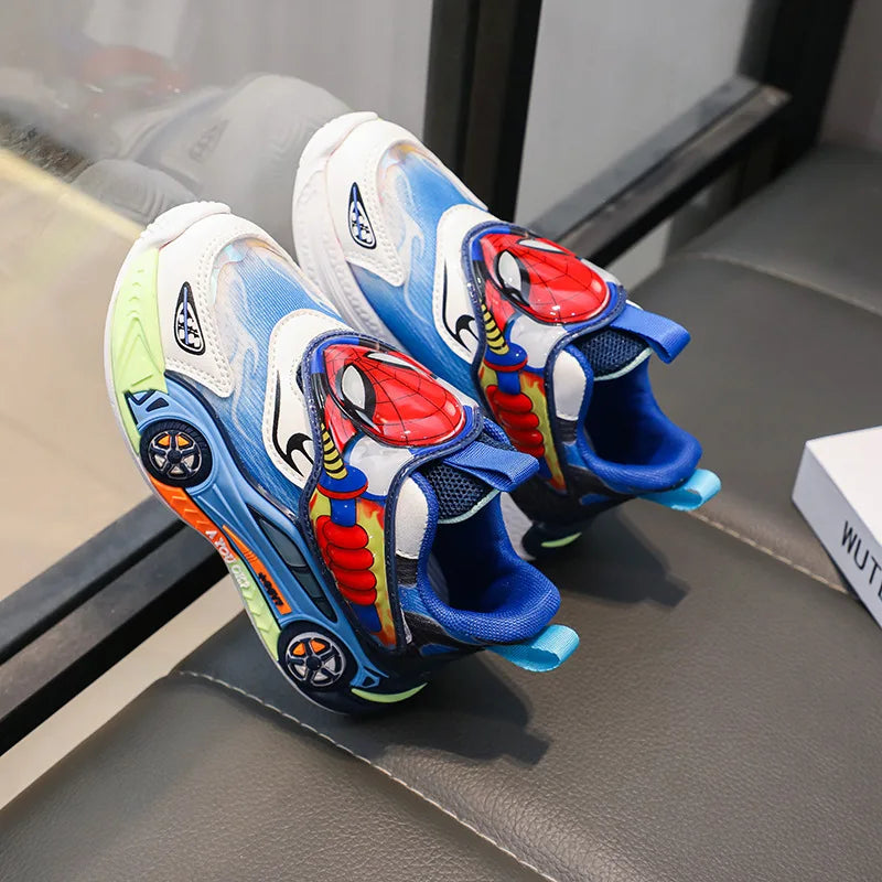 Disney Children's Shoes Fashion Cartoon LED Lights Spiderman Sneakers for Boys Breathable Sport  Anti-slip Student Shoes Size 26