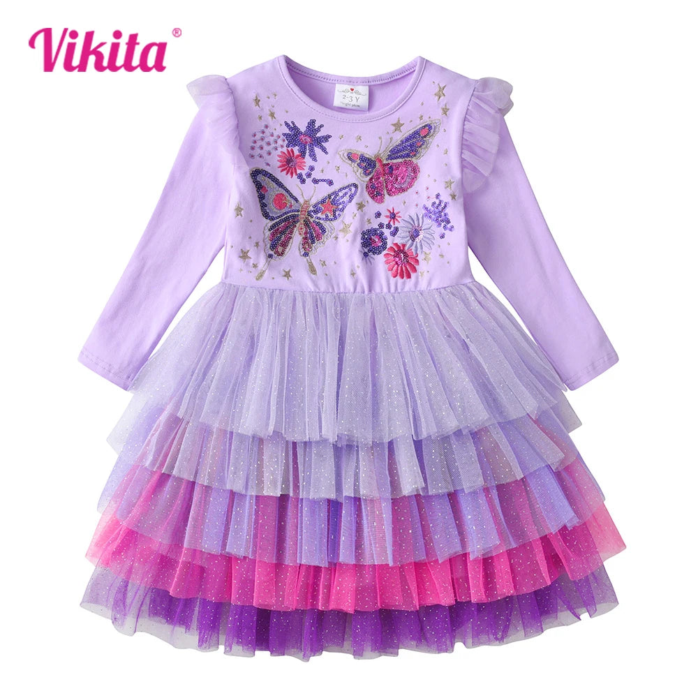 VIKITA Winter Princess Dress Flying Sleeve Children Birthday Party Costumes Cake Layer Tutu Kids Dress Butterfly Sequin  Clothes