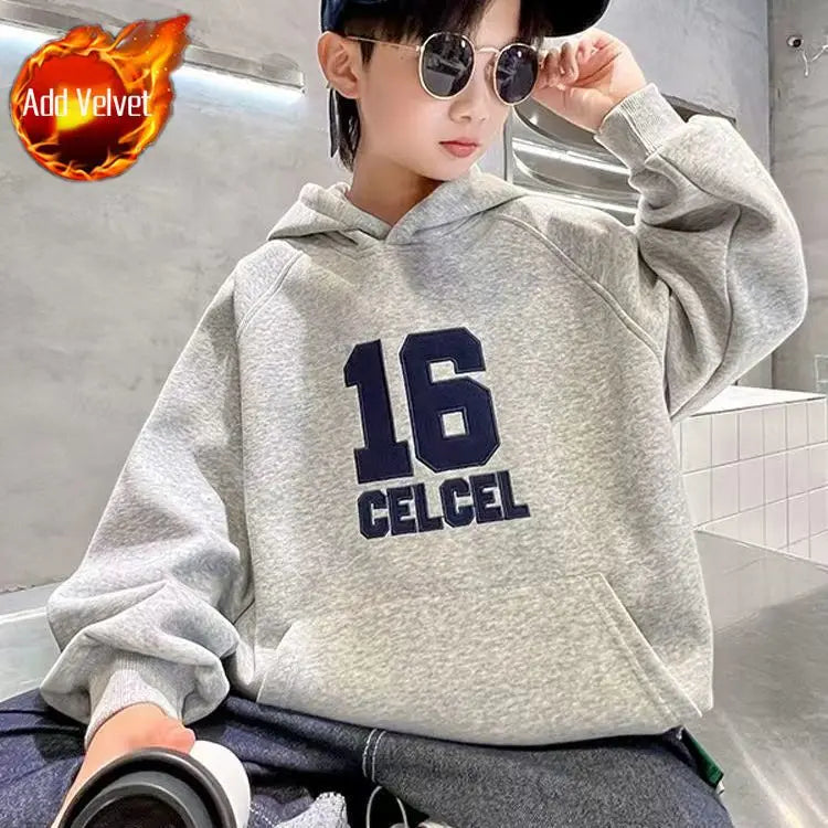 2025 Autumn Winter New Boys Mid-Large Size Fleece-Lined Hooded Sweatshirt - Stylish Boys Outerwear