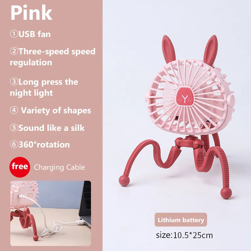 Baby Stroller Cooling Fan, Portable Fan with Tripod Clip on, Handheld Fan USB Rechargeable for Bed, Car Seat, Travel, Camping