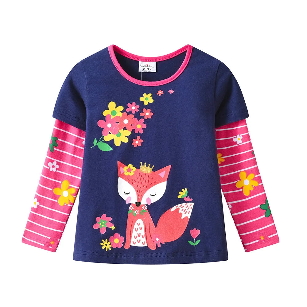 VIKITA Girls Casual Cute Long Sleeve Cotton T Shirt O Neck Squirrel Floral Print Navy Blue Tops Cotton Daily Wear Kids Clothing