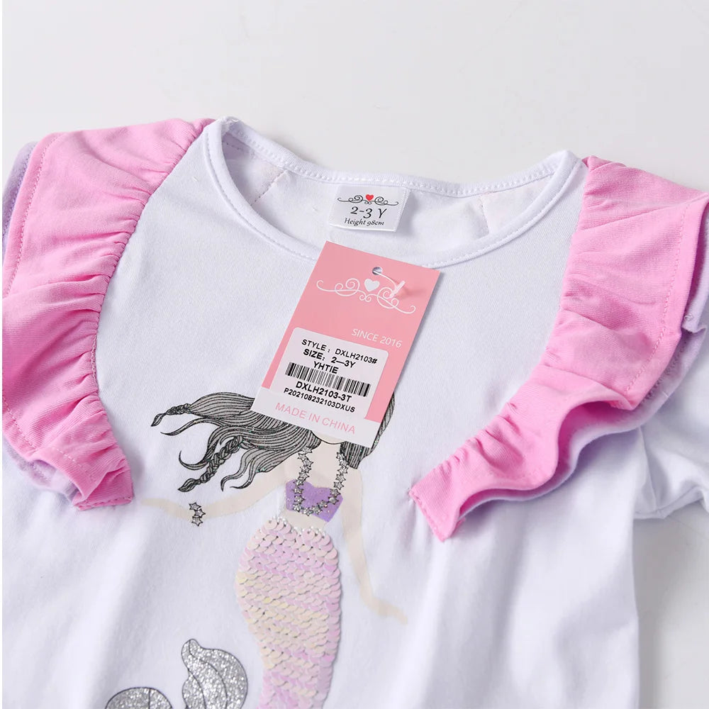 VIKITA Girls Mermaid Sequined Appliqued Cartoon Dress Kids Irregular Mesh Tulle Layered Princess Patchwork Long Sleeve Dresses