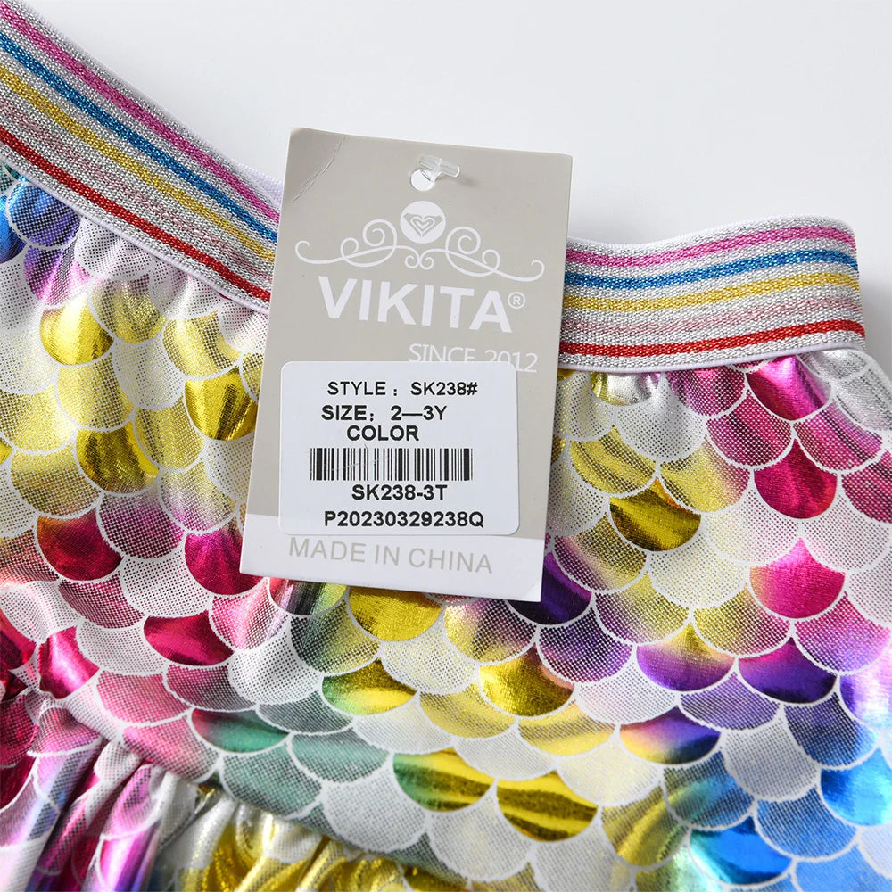 VIKITA Kids Mermaid Print Skirt Girls Beach Casual Party Skirts Kids Colorful Sequins Ruffles Skirt Fashion Princess Mini Skirts