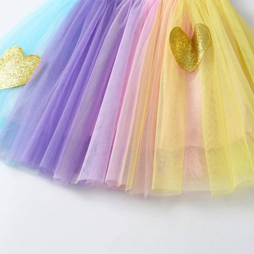 VIKITA Girls Summer Clothing Sets Kids Flare Sleeve Heart Cotton Tops Tees and Rainbow Mesh Tulle Skirts 2 Pcs Children Clothes