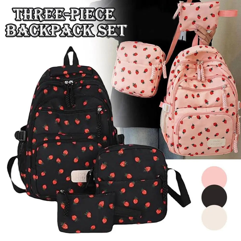 Corduroy Backpack three piece set Strawberry Print Daily Casual Backpack Niche Large Capacity Commuting Light Backpack