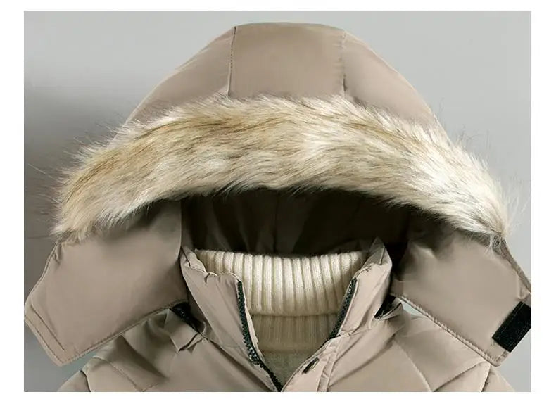 New Winter Boys Jacket Long Style Letter Print Thick Warm Hooded Coat Fur Collar Down Cotton Outerwear For 4-10 Years Kids