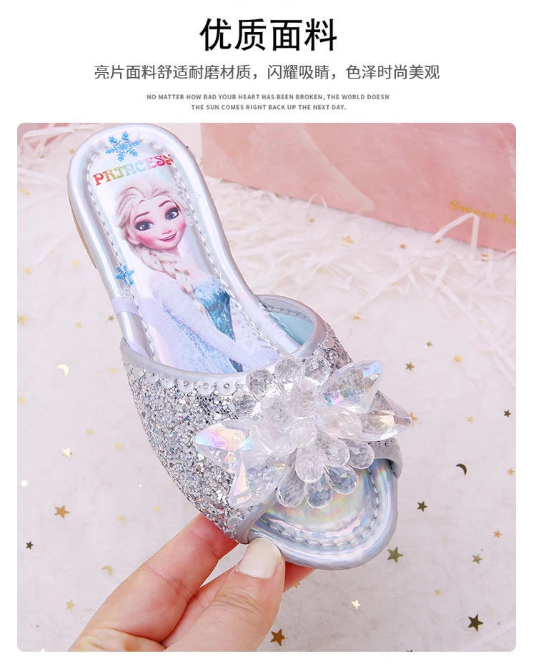 Disney Children's Sandals Frozen Slippers Fashion Elsa Princess Shoes Crystal Flowers Non-slip Blue Pink Silver Girls' Sandals