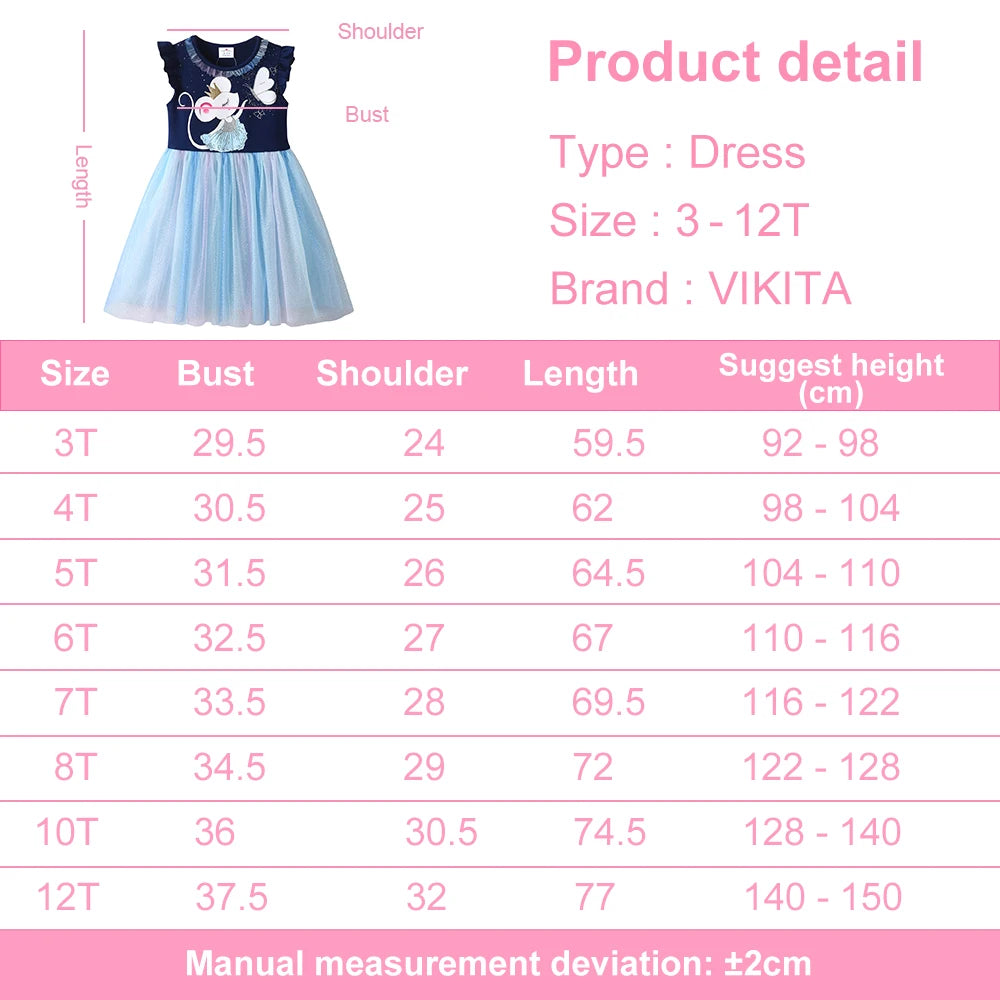 VIKITA Kids Patchwork Dress Cartoon Print Mesh Dress Girls Sparkly Glittery Summer Sleeveless Princess Birthday Party Prom Gown