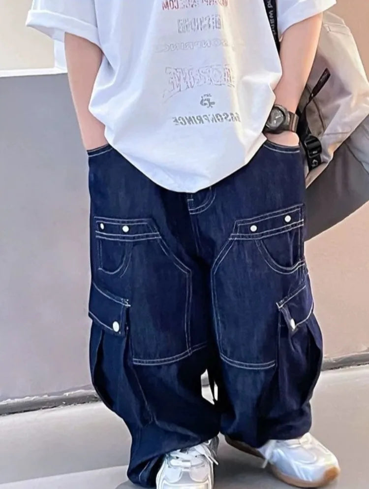 2025 New Boys' Solid Color Jeans - Loose Fit Straight Leg Kids' Long Pants with Pockets, Trendy & Stylish Denim for Active Boys