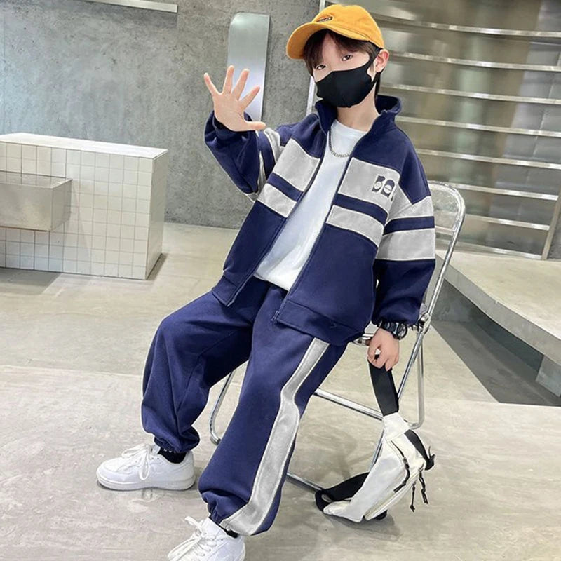 Fashion Boys Clothing Set Spring Autumn Patchwork Zipper Coat Pants 2Pcs For 4-12 Years Kids Tracksuits Teenager Casual Outfits