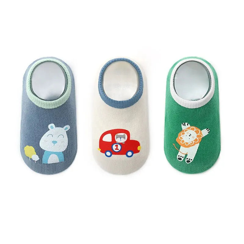 3Pairs Baby Non Slip Socks Cotton Casual Cartoon Print Boys Girls Toddler Floor Socks With Rubber Grips For 1-3Years