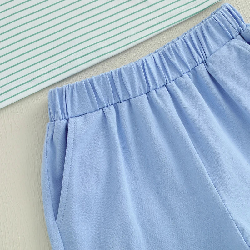 Boys Summer Golf Theme Embroidered T-Shirt and Elastic Waist Shorts Set with Round Neck and Short Sleeves 2-Piece Outfit