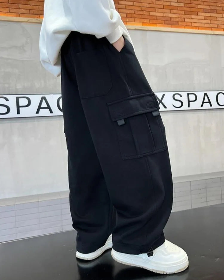 2025 New Boys Autumn Winter Fleece-Lined Sports Cargo Pants, Big Boy Streetwear Trends, Warmth & Comfort