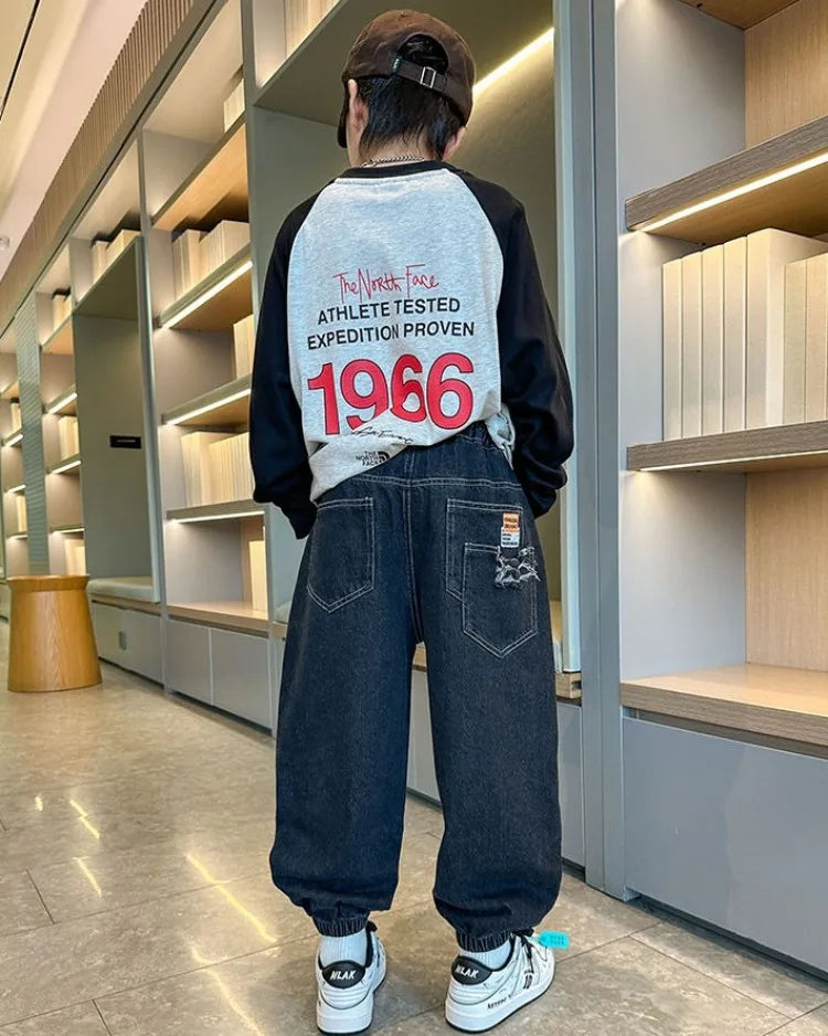 2025 New Boys' Denim Jeans Spring Autumn Kids Casual Sport Pants Long Korean Style Trendy Streetwear