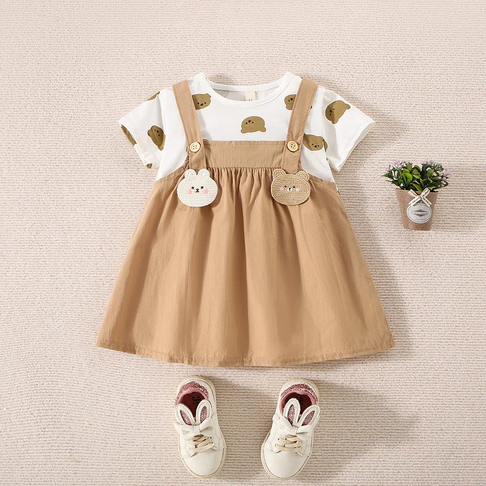 (6-24 Months) Summer New Small Bear Short Sleeved Baby Girl Dress, Fake Two Children'S Clothes