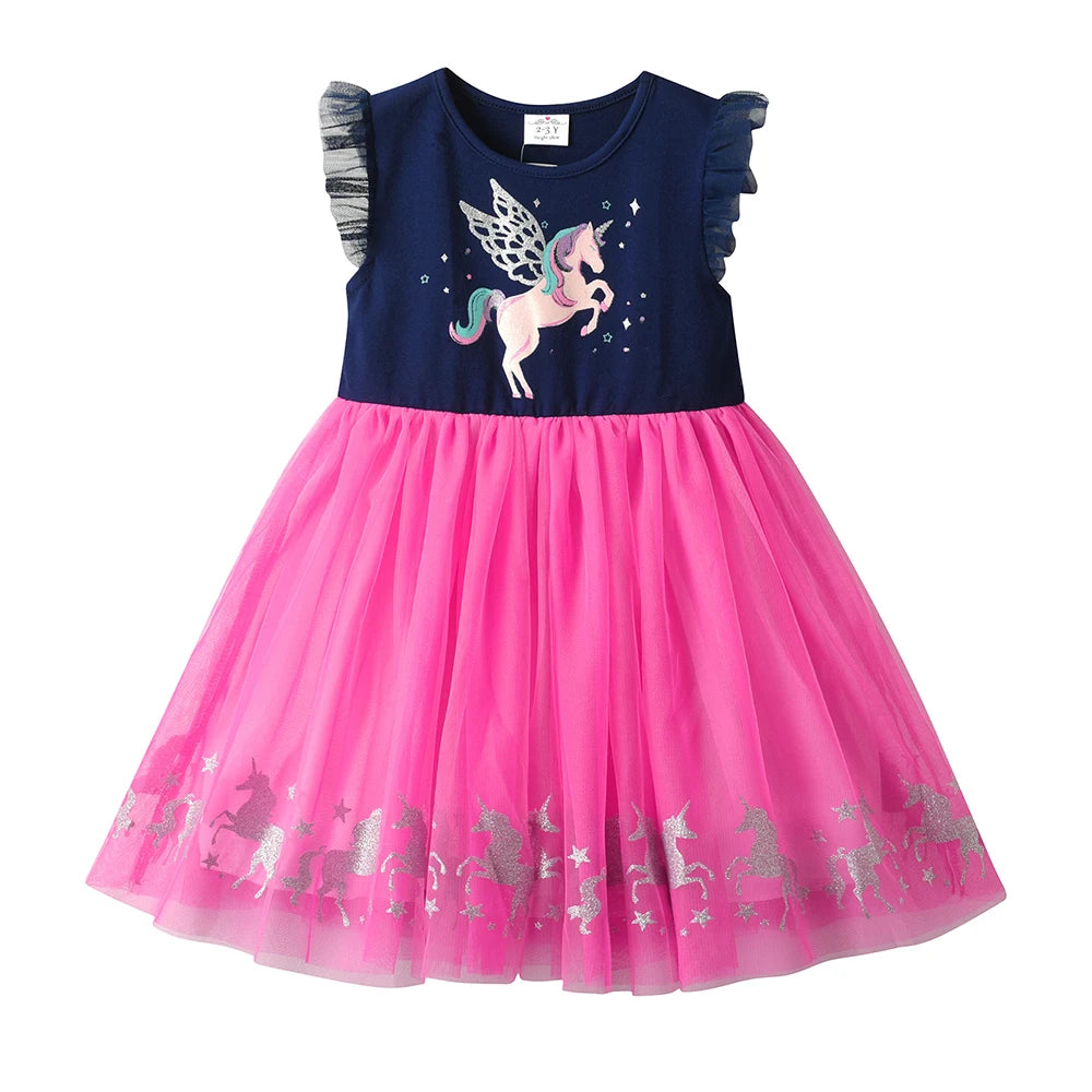 VIKITA Kids Girls Sleeveless Dress Unicorn Princess Casual Tulle Dress for Birthday Party Summer Prom Girls Clothes  3-8 Years