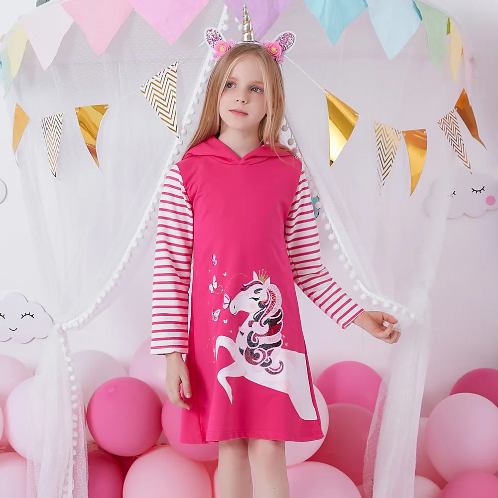 VIKITA Kids Cotton Casual Street Fashion Dress Girls Licorne Butterfly Sequined Appliqued Hooded Dresses Kids Cute Pink Dress