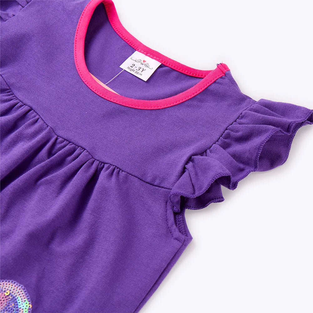 VIKITA Girls Summer Flare Sleeve Cotton Casual School Daily Frocks Purple Fairy Elf Butterfly Sequins Sparkling Straight Dress