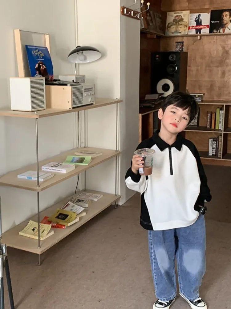 Boys' 2025 Spring/Autumn New Arrival Cotton Punk-Style Street-Savvy Trendy Polo Collar Sweatshirt - Stylish Baby Boys' Top