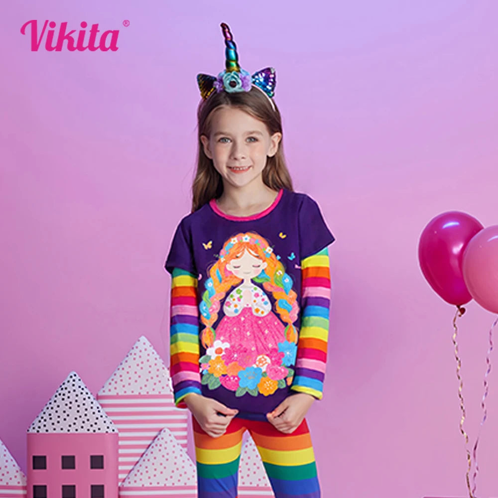 VIKITA Girls Flower Doll Print T Shirt Kids Purple Long Sleeve Rainbow Striped Cotton Casual Tops and Tees Kids Daily Costumes