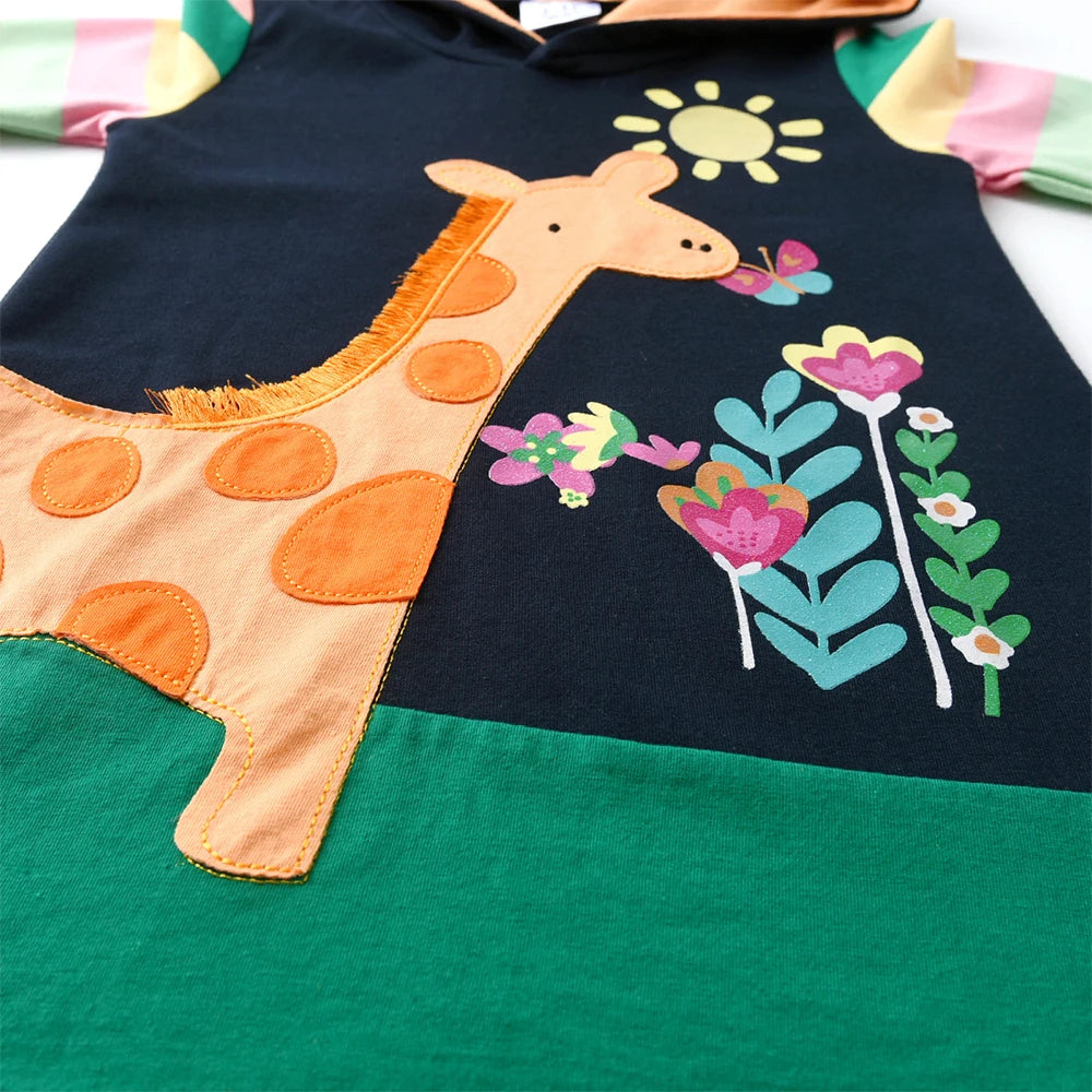 DXTON Girls Sporty Hooded Dress Rainbow Striped Children Dress Floral Giraffe Applique Animal  Winter Baby Toddler Casual Dress