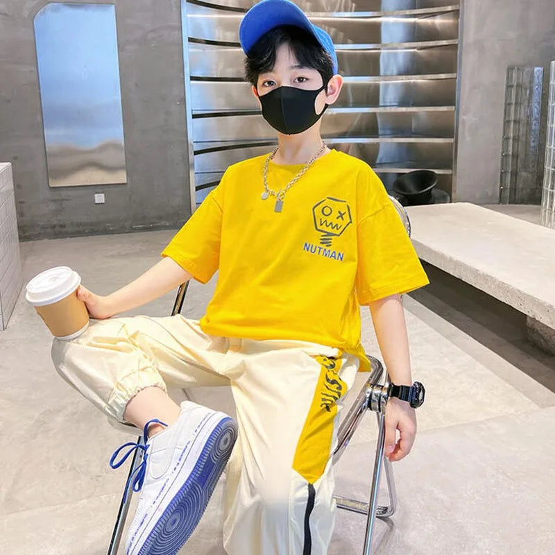 4-12 Years Teen Summer Boys Clothing Sets Fashion Letter Short Sleeve T-shirt Pants 2Pcs Suit For Kids Children Casual Outfits
