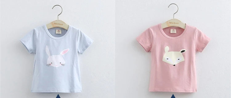 2025 Summer 2 3 4 6 8 10 Years Children Cotton Cartoon Star Bird Cat Rabbit Animal Print Short-Sleeve T-Shirt For Kids Baby Girl