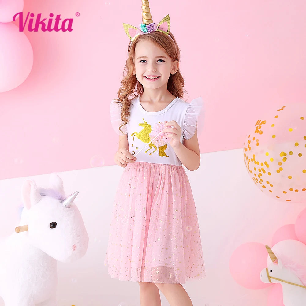 VIKITA Girls Licorne Print Dress Girls Flare Sleeve Summer Dresses Kids Birthday Party Patchwork Princess Elegant Cute Dresses