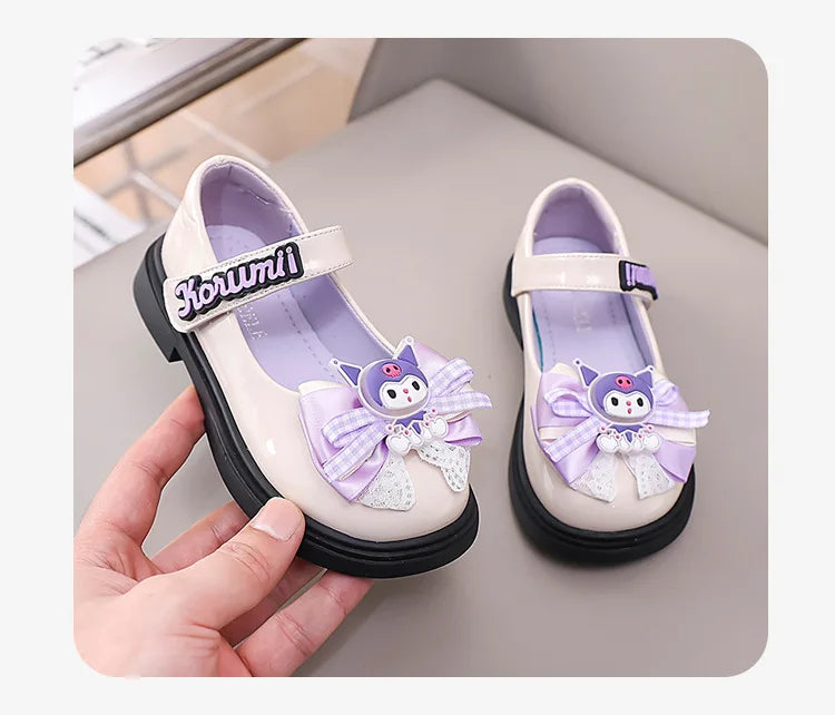 Kids'Sandals Kuromi PU Leather Bow Flat Spring Shoes For Girls Anti-slip Soft Thick Bottom White Black Shoes Size 26-36