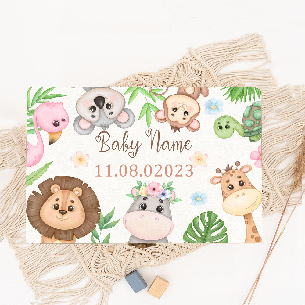 Personalized Baby Memory Box Custom Forest Animal Wooden Box Newborn Shower Gift Infant Birth Stats Present Baby Storage Box