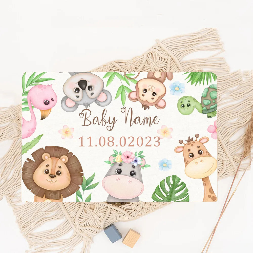 Personalized Baby Memory Box Custom Forest Animal Wooden Box Newborn Shower Gift Infant Birth Stats Present Baby Storage Box