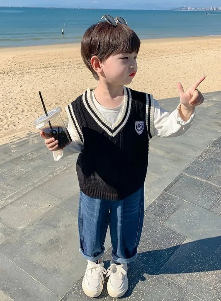Boys' Knit Vest 2025 Spring Autumn New Preppy Style Kids' Outerwear Trendy Baby Boy Vest for School Casual Wear