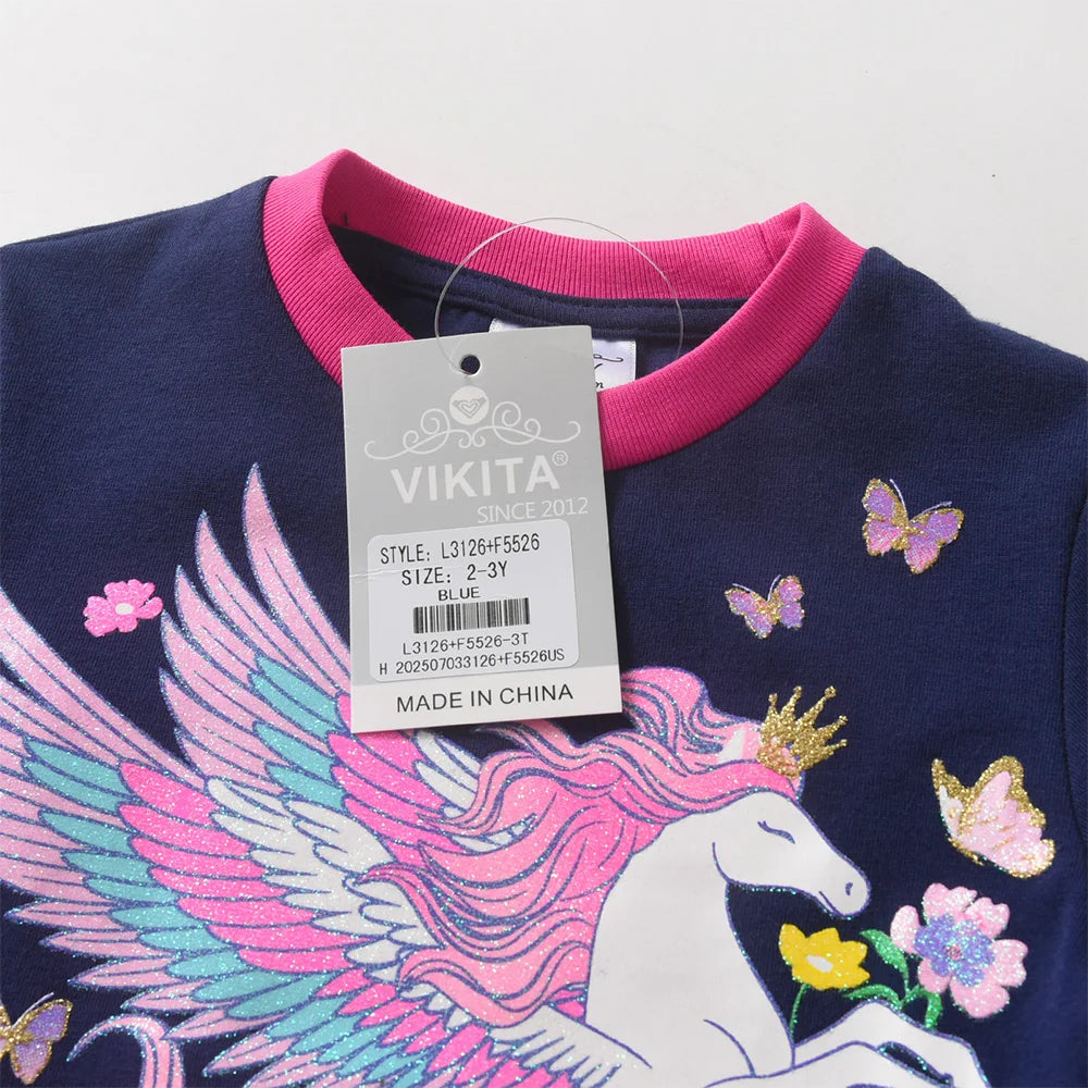 VIKITA 2025 Kinderkleidungsset für Mädchen, 2-teilig: Langarm-Baumwoll-T-Shirt mit Blumen-, Einhorn- und Schmetterlingsmotiv und passende schmal geschnittene Bleistifthose.