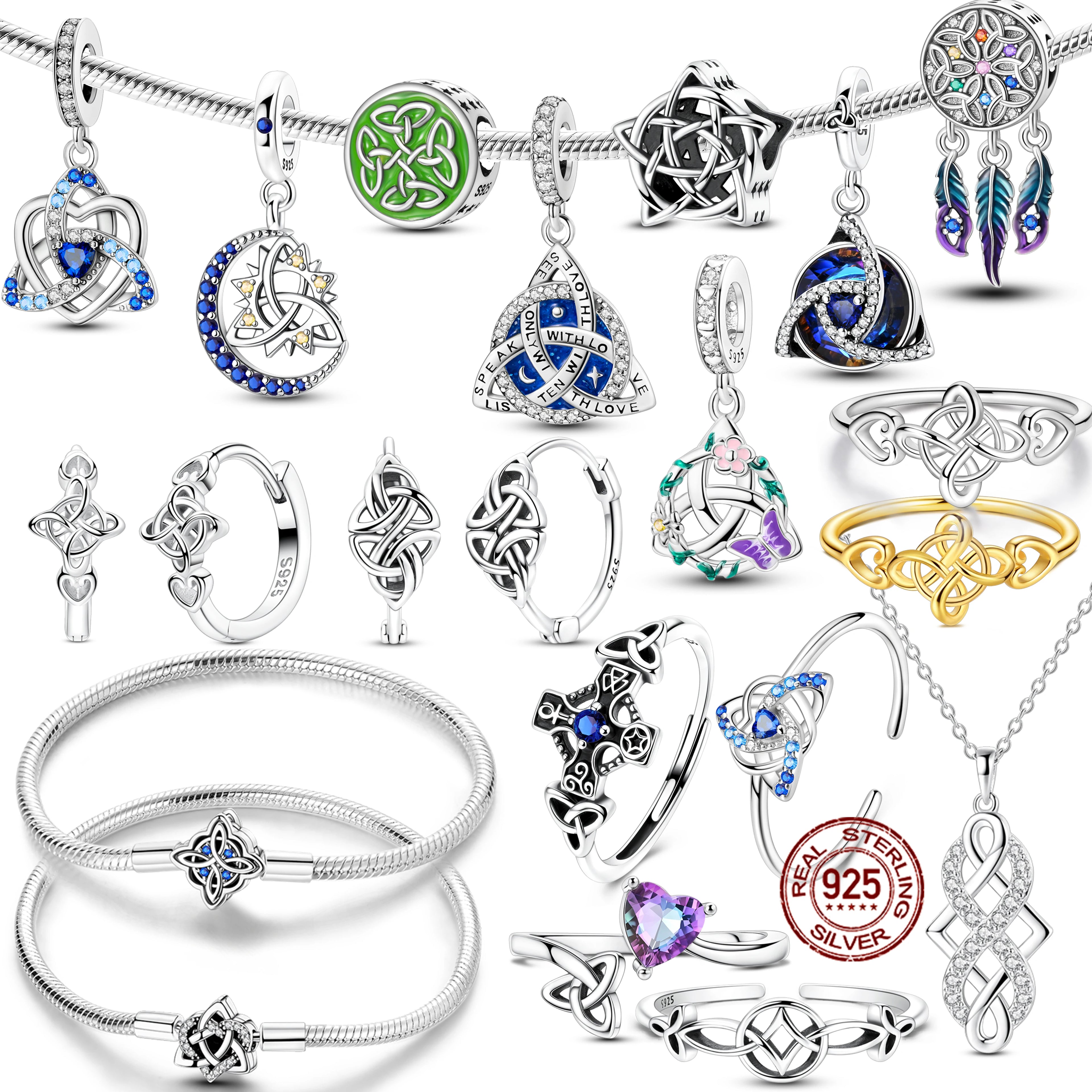 925 Sterling Silver Original Celtic Knots Charms Bead Earrings Ring Bracelet Necklace Series Jewelry Set For Women Men DIY Gift