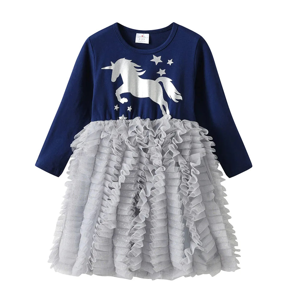 VIKITA Girls Teenagers Licorne Print Cartoon Glittery Dress Kids Navy Blue Grey Tiered Tulle Layered Tutu Princess Dresses 3-8Y