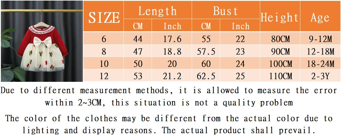 Spring And Autumn New Cherry Chiffon Baby Girl Princess Dress, Red Long Sleeve Christmas Party Children'S Clothes（0-3 Years Old）