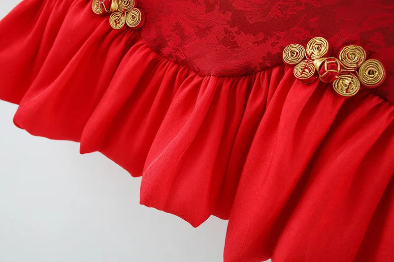 Summer New Chinese Retro Style Baby Girl Dress, Red Spring Festival Party Children'S Clothes Comes With Pendant (0 -3 Years）