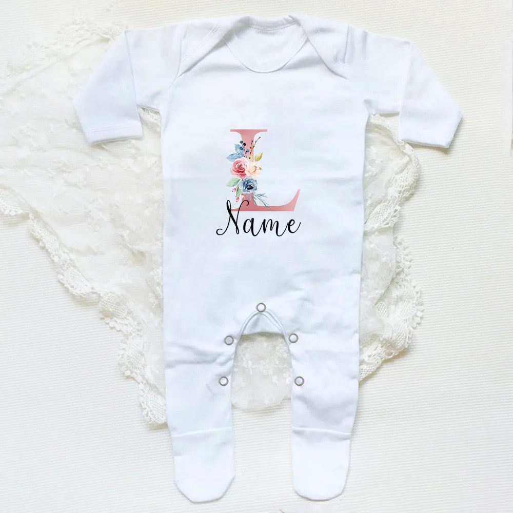 Personalised Babygrow Sleepsuit Flower Initial Infant Romper Baby Coming Home Outfit Newbron Shower Gift Baby Girls Sleepsuit