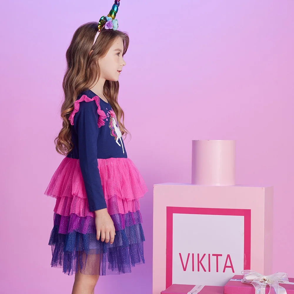VIKITA Girls Gradient Autumn Dress Kids Licorne Sequined Appliqued Performance Mesh Tulle Prom Gown Girls Princess Cake Dresses