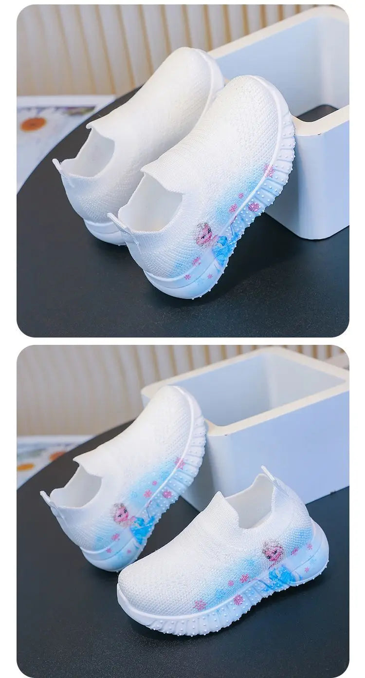 Disney Solid White Fashion Knitting Frozen Princess Elsa Children Casual Shoes Kids' Light Breathable Stretch Socks Sneakers Siz