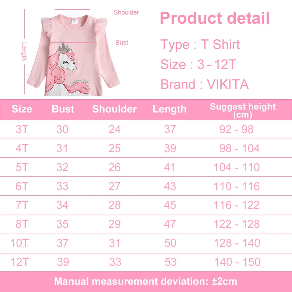 VIKITA Girls Pink T Shirt Kids Unicorn Cartoon Print Tops and Tees Girls Autumn Spring Winter Flare Sleeve Cotton Casual T Shirt