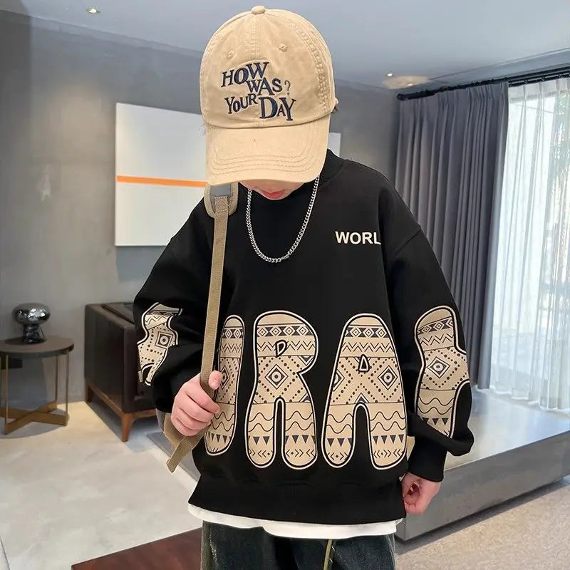 Boys' Medium-Large 2025 New Spring/Autumn Trendy No Hood Layering Top Sweatshirt