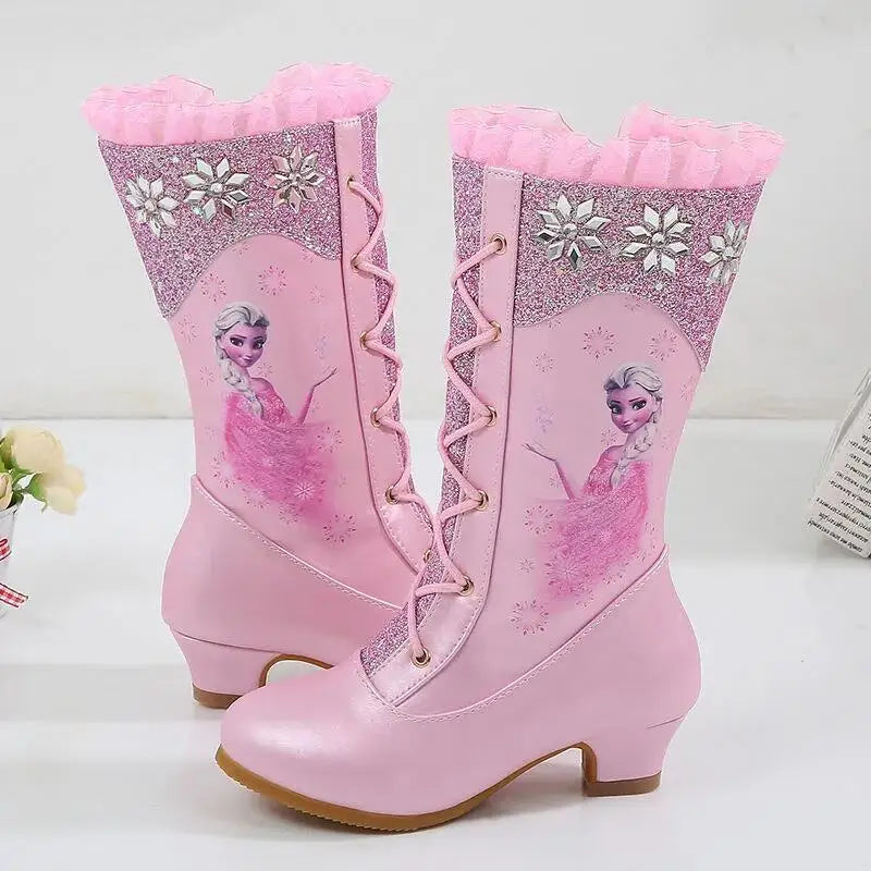 Disney Girls High Heel Boots Winter Children's Long Sleeved Plush Snow Warm Boots Princess Elsa Pink Blue Boots Size 27-37