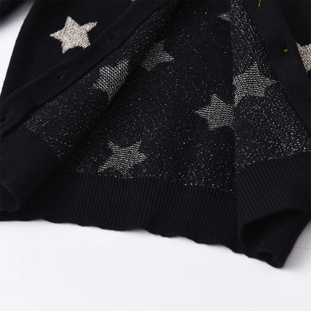 VIKITA Toddlers Silver Star Cardigans Kids Round Neck Button Sparkly Casual Daily School Street Cool Black Sweaters Outfits
