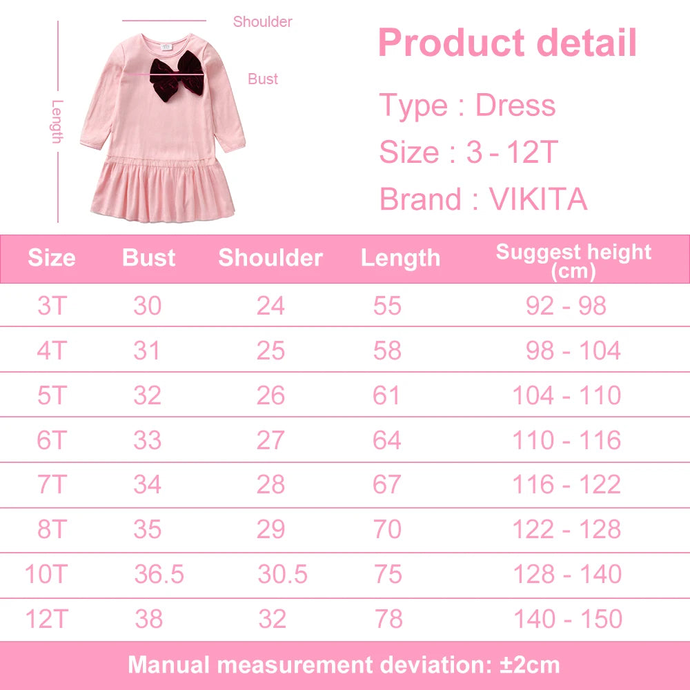 VIKITA Children Cotton Casual Dresses Kids Pink Ruffles Dress Girls Autumn Spring Long Sleeve Straight Dress with Bowknot 3-8 Y