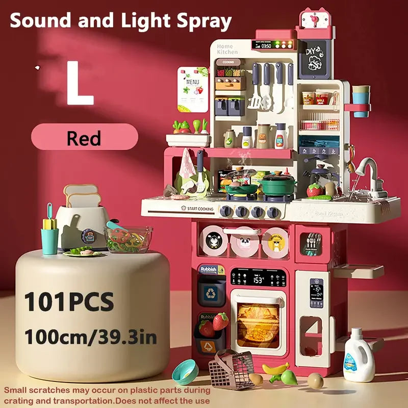 100CM Kids Kitchen Playset with Sound & Light Cooking Stove with Steam Play Sink Toy Pretend Play Food Toys for Boys Girls Gift