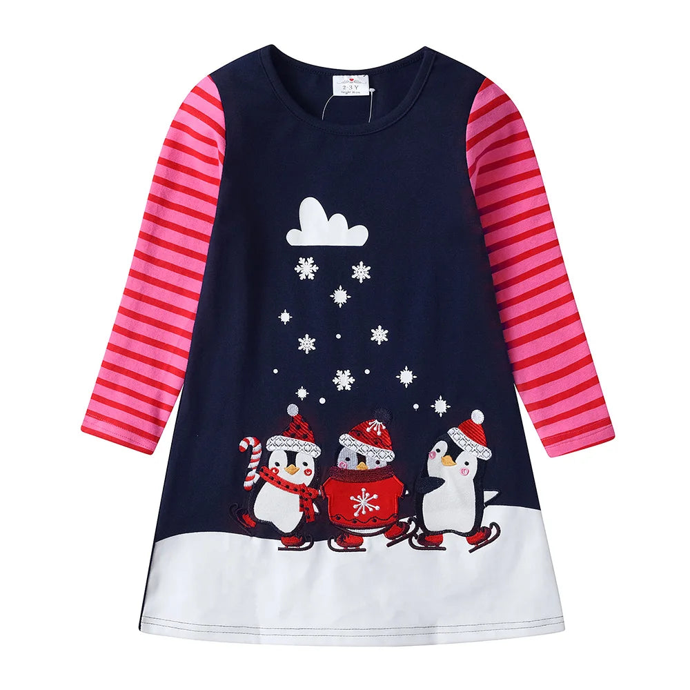 VIKITA Girls Cotton Casual Straight Dress Kids Penguin Snowflakes Cartoon Appliqued Striped Dresses Girls Autumn Spring Dress