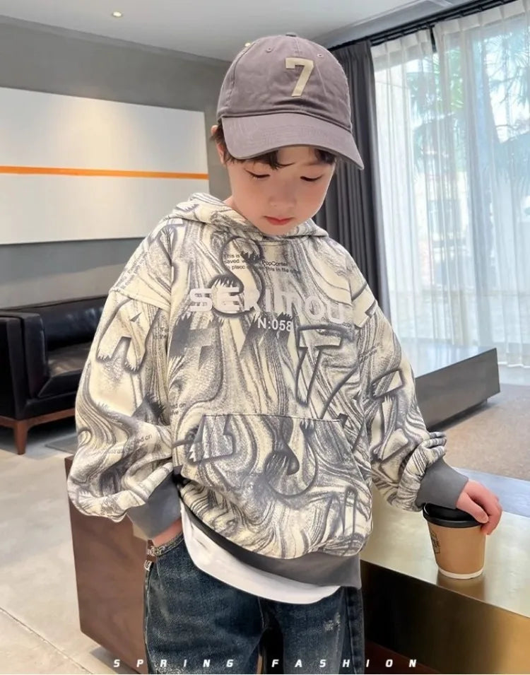 2025 New Boys' Mid-Large Spring-Autumn Trendy Brand Hooded Hoodie - Stylish Kids' Spring Wear Top