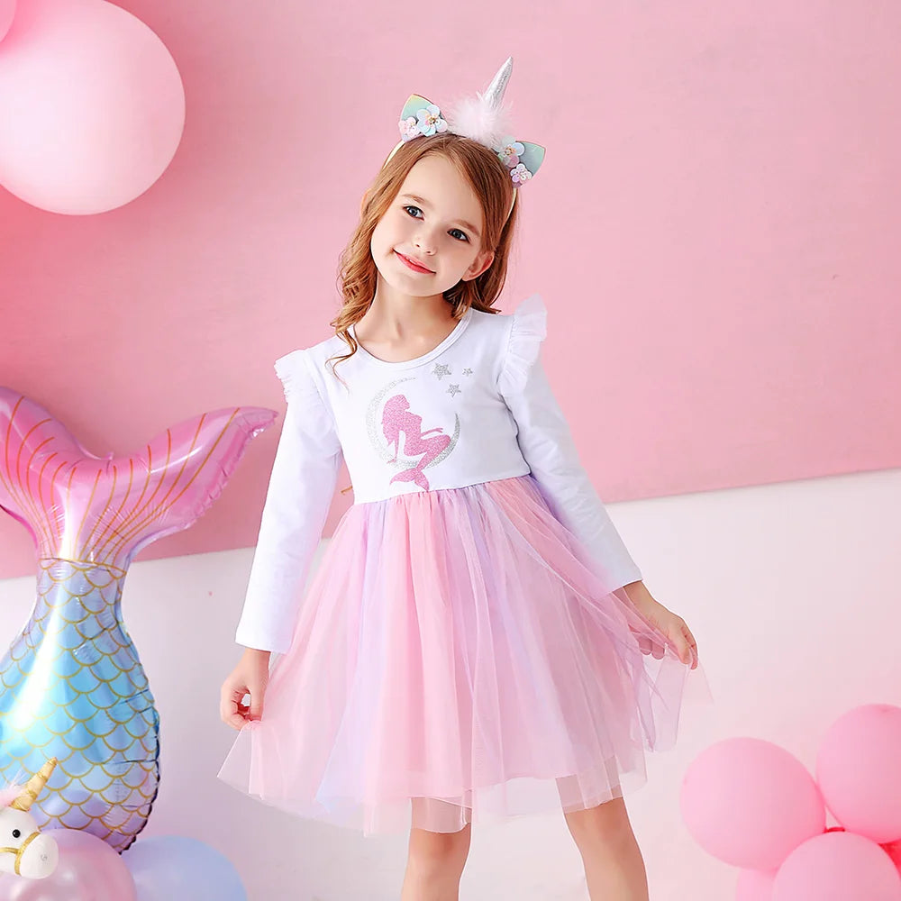 VIKITA Girls Mermaid Print Dress Kids Mesh Tulle Princess Elegant Dress Kids Long Sleeve Autumn Spring Patchwork Casual Vestidos