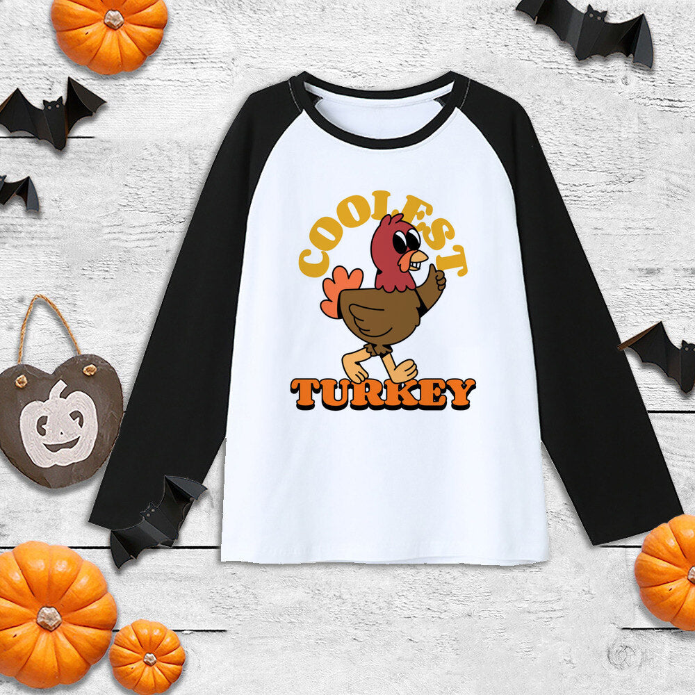 Thanksgiving Boys Girls Shirt Coolest Turkey In Town T-Shirt Kids Thanksgiving Cute Clothes Gift Tee Child Sibling Raglan Shirt